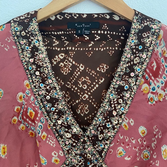 batik boho chiffon silk beaded top bohemian v neck blouse - Picture 9 of 16